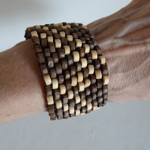 NEW BOHEMIAN BRAIDED MULTI STRAND WOOD BEAD CUFF STRETCH BRACELET - Picture 1 of 7
